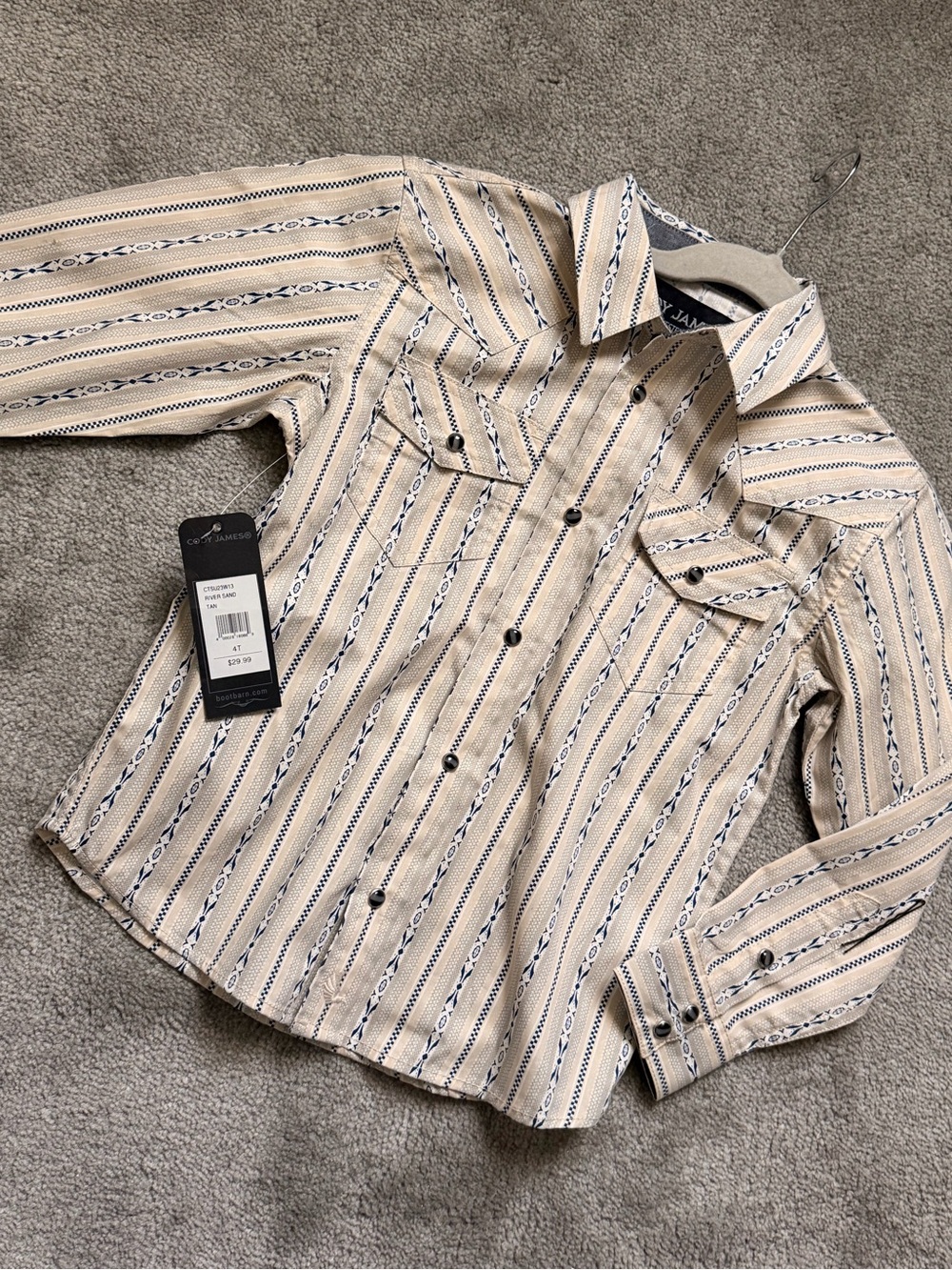 Striped Button-Front Western Shirt - Beige & Navy